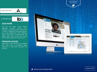 CASE STUDY
CUSTOMER
CASE STUDY FOR
The Bay Area Rapid Transit website
(BART.gov) provides real-time train
schedules, trip planning and fare calculations,
as well as a catalogue of third-party apps for
more than 400,000 daily riders. BART.gov
delivers 30M pages to approximately 1M
unique visitors every month, with around
20% of traffic coming from mobile devices.
PROBLEM SOLVED
Supporting a large ridership (over 400,000
daily riders), with an exceptional digital
experience to keep them connected and
informed.
OUR WORK
@appnovation @AppnoWay
CASE STUDY
@FUTUREOFOSS
#FUTUREOSS
 