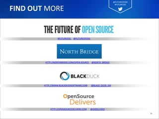 #FUTUREOSS I @FUTUREOFOSS
HTTP://NORTHBRIDGE.COM/OPEN-SOURCE I @NORTH_BRIDGE
HTTP://WWW.BLACKDUCKSOFTWARE.COM/ I @BLACK_DUCK_SW
HTTP://OPENSOURCEDELIVERS.COM/ I @OSDELIVERS
58
FIND OUT MORE
@FUTUREOFOSS
#FUTUREOSS
 