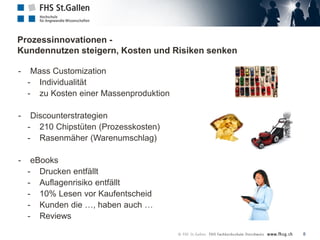 Prozessinnovationen -
Kundennutzen steigern, Kosten und Risiken senken
- Mass Customization
- Individualität
- zu Kosten einer Massenproduktion
- Discounterstrategien
- 210 Chipstüten (Prozesskosten)
- Rasenmäher (Warenumschlag)
- eBooks
- Drucken entfällt
- Auflagenrisiko entfällt
- 10% Lesen vor Kaufentscheid
- Kunden die …, haben auch …
- Reviews
8
 
