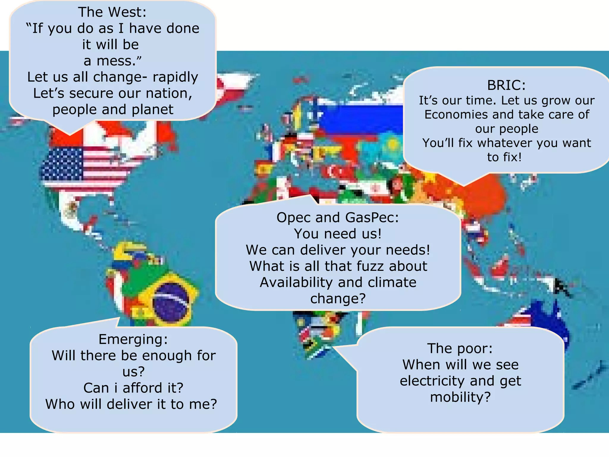 BRIC:
It’s our time. Let us grow our
Economies and take care of
our people
You’ll fix whatever you want
to fix!
The West:
“If you do as I have done
it will be
a mess.”
Let us all change- rapidly
Let’s secure our nation,
people and planet
Emerging:
Will there be enough for
us?
Can i afford it?
Who will deliver it to me?
The poor:
When will we see
electricity and get
mobility?
Opec and GasPec:
You need us!
We can deliver your needs!
What is all that fuzz about
Availability and climate
change?
 