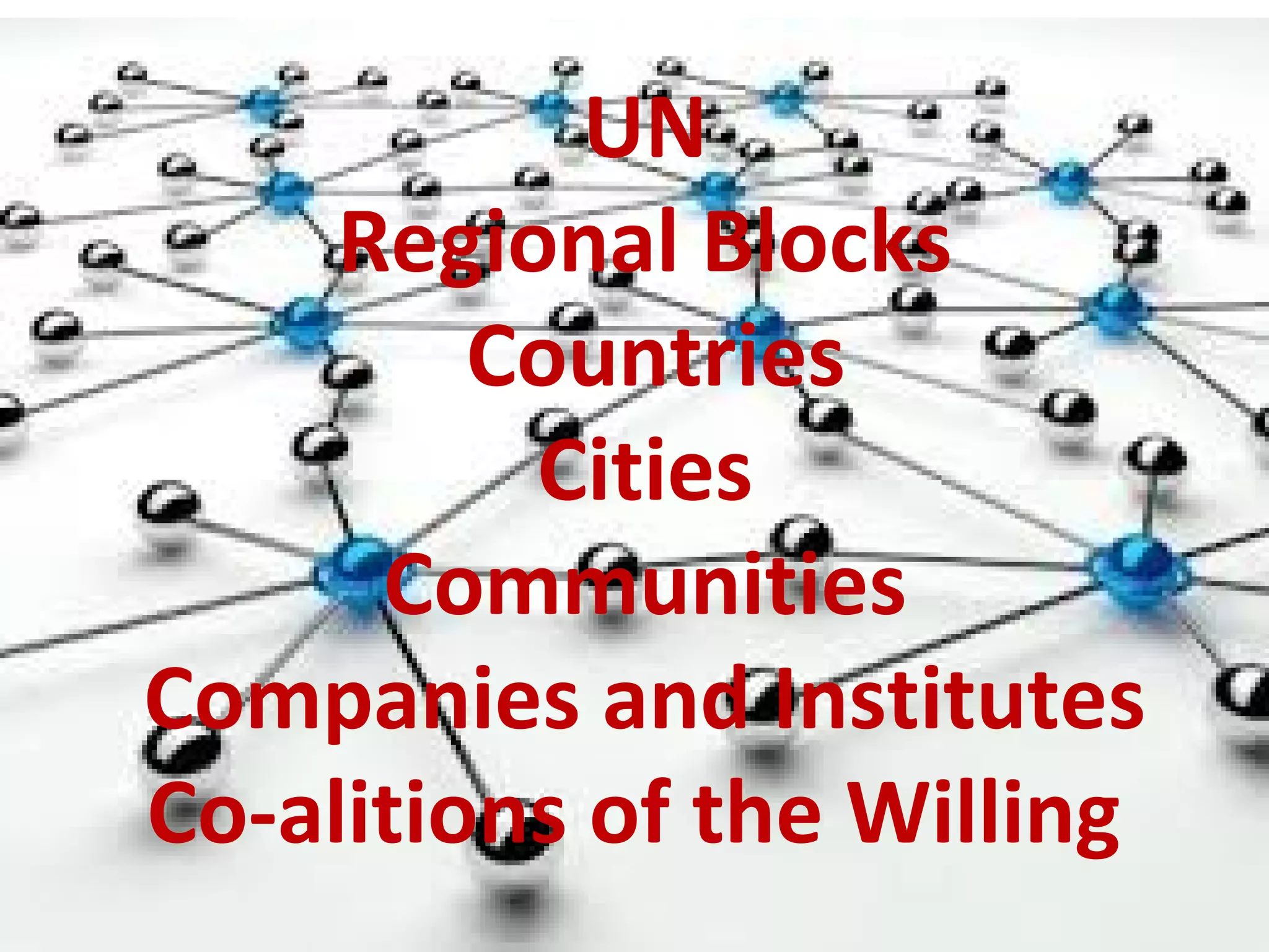 UN
Regional Blocks
Countries
Cities
Communities
Companies and Institutes
Co-alitions of the Willing
 