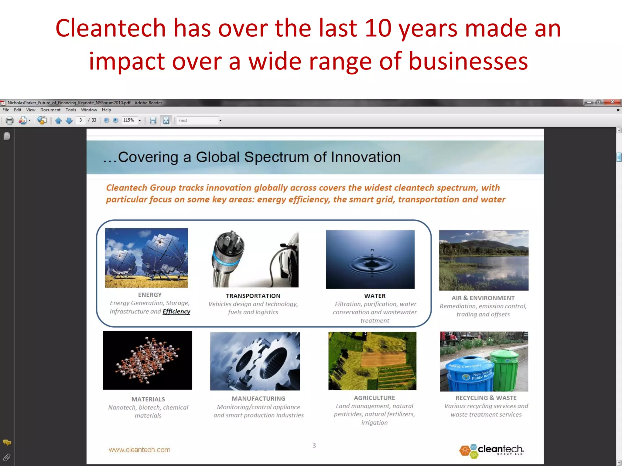 Cleantech has over the last 10 years made an
impact over a wide range of businesses
05/07/15
 