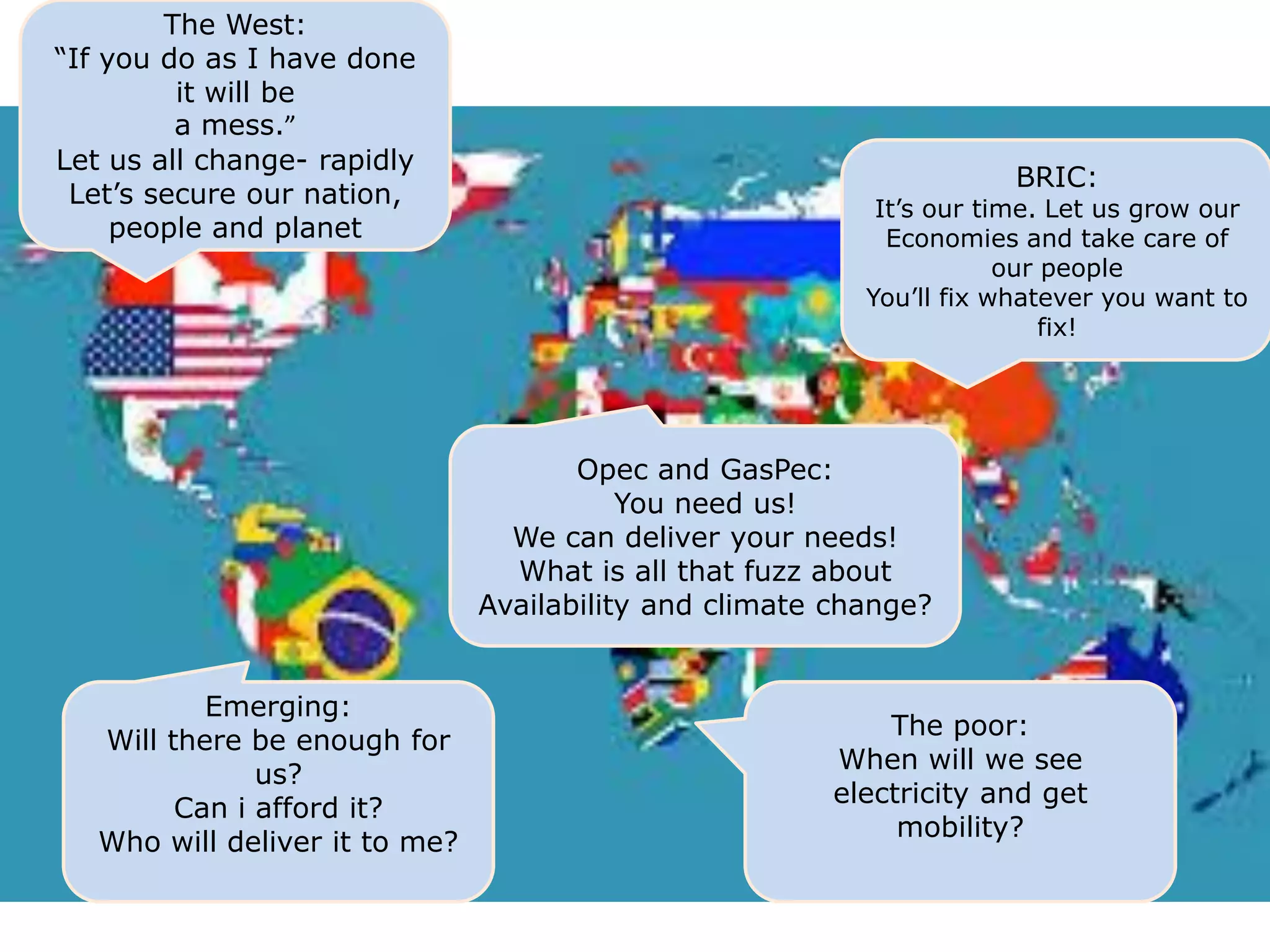 BRIC:
It’s our time. Let us grow our
Economies and take care of
our people
You’ll fix whatever you want to
fix!
The West:
“If you do as I have done
it will be
a mess.”
Let us all change- rapidly
Let’s secure our nation,
people and planet
Emerging:
Will there be enough for
us?
Can i afford it?
Who will deliver it to me?
The poor:
When will we see
electricity and get
mobility?
Opec and GasPec:
You need us!
We can deliver your needs!
What is all that fuzz about
Availability and climate change?
 