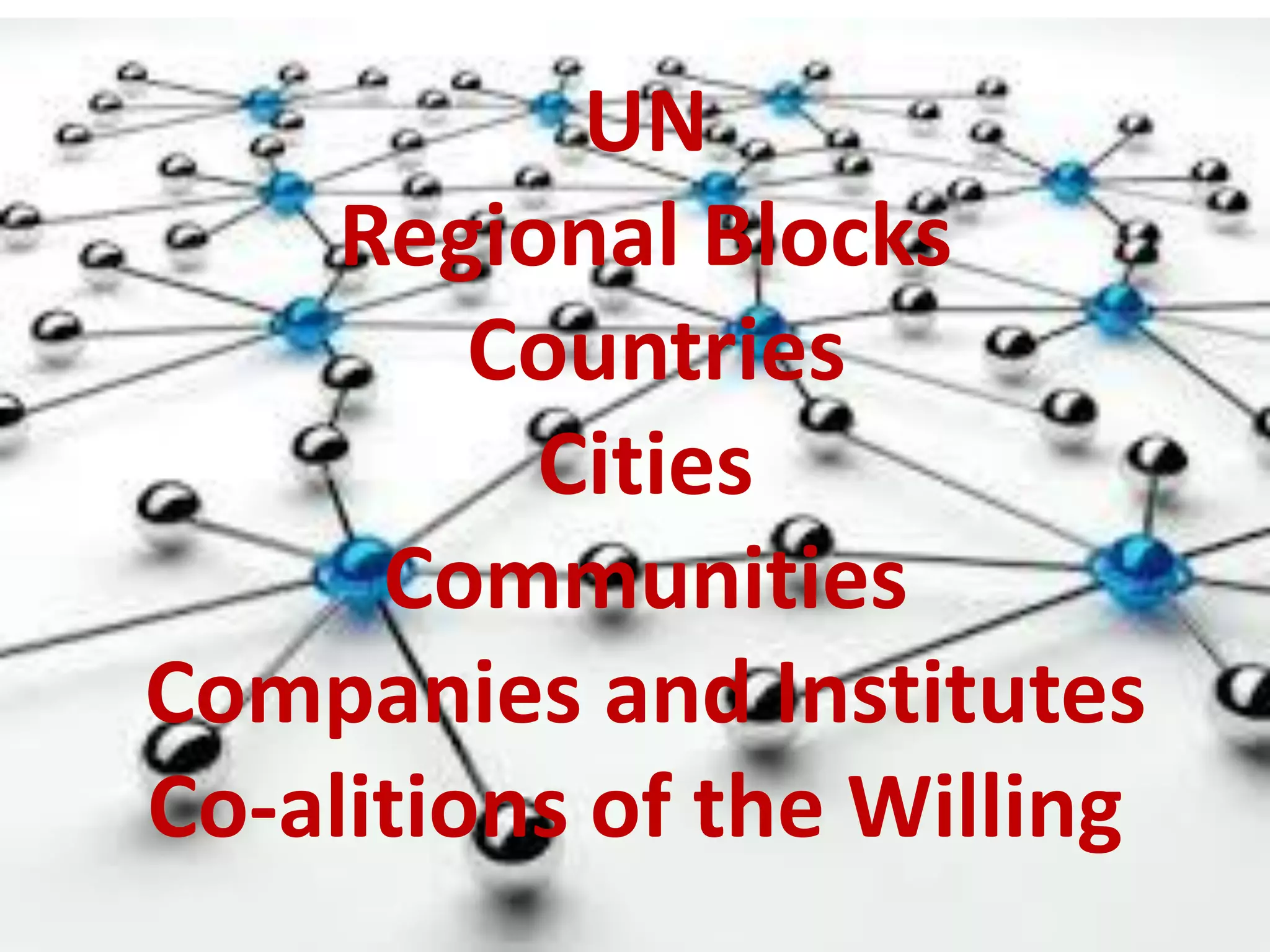 UN
Regional Blocks
Countries
Cities
Communities
Companies and Institutes
Co-alitions of the Willing
 