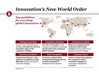 Strategy& | PwC
Innovation’s New World Order
Key guidelines
for executing
global innovation
Create clear missions, roles
and lines of authority to align
R&D sites with the company’s
innovation strategy.
Strategy & innovation
Operational excellence
As part of the overall business
strategy, articulate the role that
innovation plays in the
company’s strategy.
Competitive advantage
Talent management
The role of innovation in the
company’s competitive advantage
should inform the company’s
global footprint.
Construct a global talent
management strategy that has
common standards for
development and retention.
Customers & markets
Corporate culture
Define the markets and the
customers within those
markets that are central to the
company’s growth strategy.
Foster a culture that supports
the company’s unique
innovation strategy and
encourages collaboration
worldwide.
 