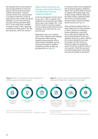 One challenge will be to work harder to
close the gaps between the many and
separate monitoring efforts that seek
to detect these dangers. “Forward-
thinking institutions are moving toward
a surveillance model that is driven by
organizational culture rather than specific
regulations,” as one recent Accenture
document, Getting Surveillance Right,
put it. “In this model, data is available
as needed, not kept in silos, supporting
surveillance that takes place in real time
and is proactive, rather than reactive.”4
Capital markets institutions are
looking to build greater efficiency
and effectiveness into their
compliance programs
As the risk management function tries to
do ever more – both in response to the
heightened risk environment and as CROs
seek to play a more strategic role – it will
need to marshal its resources carefully.
For many capital markets institutions, the
challenge is to do more with less, or at
least the same.
Respondents’ views on the evolving
nature of the compliance effort highlight
this imperative. When delivering
regulatory change programs, 61% of
capital markets respondents say they
are primarily focused on regulatory
compliance, but 36% say they now
go beyond that (see Figure 3).
In institutions where senior management
does go beyond regulatory compliance,
almost three-quarters (74%) are anxious
to integrate with ongoing longer-term
strategic change initiatives. About half
the capital markets respondents (42%)
talk in terms of reorganizing their
operating model in pursuit of strategic
business success (see Figure 4).
These institutions recognize that it no
longer makes sense to create individual,
or “point” solutions for compliance.
Instead, organizations may benefit
from a more cohesive approach that
thinks holistically about business and
regulatory outcomes, as well as reducing
the resources devoted to basic work.
For example, the 2013 iteration of
Accenture’s global risk management
research found that at 60% of banks, at
least a quarter of staff time was spent
on credit and operational risk activities
that could, and should, be automated.5
Figure 3. What is the approach of senior management in
delivering regulatory change programs?
Source: Accenture 2015 Global Risk Management Study – Capital Markets respondents
Figure 4. How does senior management go beyond regulatory
compliance? (Respondents could select all that apply)
Note: Due to rounding, total may not equal 100 percent
Source: Accenture 2015 Global Risk Management Study – Capital Markets respondents
Note: Represents only those respondents who selected “Goes beyond regulatory
compliance” in Figure 3
10
 