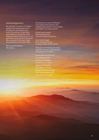 Acknowledgements
We would like to thank the 170 capital
markets sector organizations across
the globe who participated in our
survey. We would like to specifically
acknowledge the contribution of the
following companies that took part in our
quantitative survey interview discussions.
We are grateful for the input, insight
and perspectives of their senior staff:
AQR Capital Management
LPL Financial
We would like to thank the following
senior leaders from Accenture who
provided expert direction on the research,
and insight on the issues covered:
Richard Lumb (London)
Group Chief Executive
Financial Services at Accenture
Steve Culp (Chicago)
Senior Managing Director
Accenture Finance & Risk Services
Thank you to the following Accenture
executives who also contributed ideas
and guidance to this effort:
Harpreet Behl (San Francisco)
Laura Bishop (London)
Amit Gupta (Singapore)
Yoshiaki Ishizuka (Tokyo)
Manish Jaju (Gurgaon)
Adam Markson (London)
Haralds Robeznieks (Chicago)
Chris Thompson (New York)
Sarah Waylett (Charlotte)
29
 