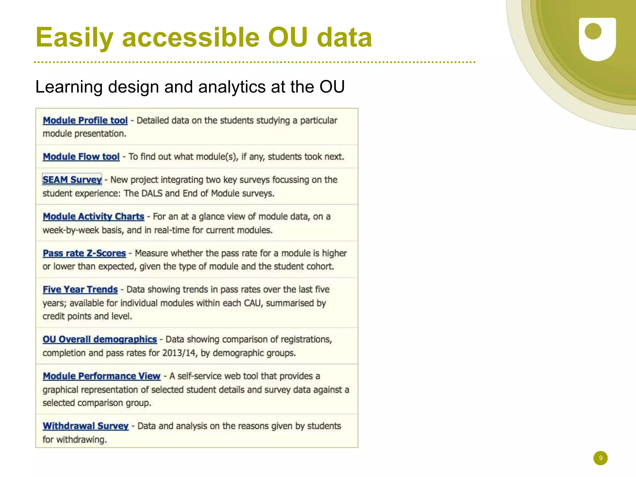 Easily accessible OU data
Learning design and analytics at the OU
9
 