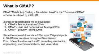 Copyright © 2014 ITpreneurs. All rights reserved.
CMAP “Mobile App Testing – Foundation Level” is the 1st course of CMAP
scheme developed by iSQI SIG
3 areas of specialisation will be developed:
1. CMAP - Test Automation (2014)
2. CMAP - Load and Performance Testing (2015)
3. CMAP - Security Testing (2015)
Since the successful launch in 2014: over 200 participants
in 10 different countries throughout 3 continents
From different sectors such as IT, consulting, electronics,
engineering, telecommunications, and universities
What is CMAP?
 