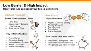 Copyright © 2014 ITpreneurs. All rights reserved.
Low Barrier & High Impact:
How ITpreneurs can boost your Top- & Bottom-line
Access a Comprehensive Library
Save content costs by up to 80%
● No Content Development Costs
● No Content Maintenance Costs
● Pay-per-use: Use more, pay less!
● 1000+ Titles
● Across most IT Domains
● 12 Languages
● Some unique Titles
Enjoy Convenience
● Anytime, Anywhere ordering
● Marketing Support
● Exam Services
● Accreditation
● Trainer Services
Stay on the Cutting-Edge
● First to Market
● Consistent Quality
● Various Delivery Formats
● Always Up-to-Date
● Partner Enablement
Increase Revenues Save Costs
 
