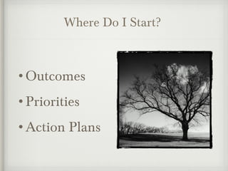 Where Do I Start?
•Outcomes
•Priorities
•Action Plans
 