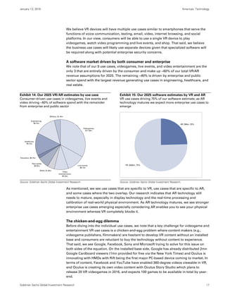January 13, 2016 Americas: Technology
Goldman Sachs Global Investment Research 17
We believe VR devices will have multiple use cases similar to smartphones that serve the
functions of voice communication, texting, email, video, internet browsing, and social
platforms. In our view, consumers will be able to use a single VR device to play
videogames, watch video programming and live events, and shop. That said, we believe
the business use cases will likely use separate devices given that specialized software will
be required along with potential enterprise security concerns.
A software market driven by both consumer and enterprise
We note that of our 9 use cases, videogames, live events, and video entertainment are the
only 3 that are entirely driven by the consumer and make up ~60% of our total VR/AR
revenue assumptions for 2025. The remaining ~40% is driven by enterprise and public
sector spend with the largest revenue generating use cases in engineering, healthcare, and
real estate.
Exhibit 14: Our 2025 VR/AR estimates by use case
Consumer-driven use cases in videogames, live events and
video driving ~60% of software spend with the remainder
from enterprise and public sector
Exhibit 15: Our 2025 software estimates by VR and AR
VR use cases driving 75% of our software estimate; as AR
technology matures we expect more enterprise use cases to
emerge
Source: Goldman Sachs Global Investment Research. Source: Goldman Sachs Global Investment Research.
As mentioned, we see use cases that are specific to VR, use cases that are specific to AR,
and some cases where the two overlap. Our research indicates that AR technology still
needs to mature, especially in display technology and the real-time processing and
calibration of real-world physical environment. As AR technology matures, we see stronger
enterprise use cases emerging especially considering AR enables you to see your physical
environment whereas VR completely blocks it.
The chicken-and-egg dilemma
Before diving into the individual use cases, we note that a key challenge for videogame and
entertainment VR use cases is a chicken-and-egg problem where content makers (e.g.,
videogame publishers, filmmakers) are hesitant to develop VR content without an installed
base and consumers are reluctant to buy the technology without content to experience.
That said, we see Google, Facebook, Sony and Microsoft trying to solve for this issue on
both sides of the equation. On the installed base side, Google has already distributed 2mn
Google Cardboard viewers (1mn provided for free via the New York Times) and Oculus is
innovating with HMDs with Rift being the first major PC-based device coming to market. In
terms of content, Facebook and YouTube have enabled 360-degree videos viewable in VR,
and Oculus is creating its own video content with Oculus Story Studio which plans to
release 20 VR videogames in 2016, and expects 100 games to be available in total by year-
end.
Videogames,
$11.6bn
Live events,
$4.1bn
Video
entertainment,
$3.2bn
Retail, $1.6bn
Real estate,
$2.6bn
Education, $0.7bn
Healthcare,
$5.1bn
Engineering,
$4.7bn
Military, $1.4bn
AR, $9bn, 25%
VR, $26bn, 75%
 
