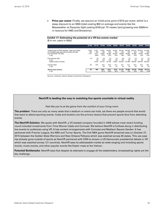 January 13, 2016 Americas: Technology
Goldman Sachs Global Investment Research 20
 Price per event: Finally, we assume an initial price point of $10 per event, which is a
steep discount to an NBA ticket costing $50 on average and events like the
Mayweather vs Pacquiao fight costing $100 per TV viewer (and grossing over $300mn
in revenue for HBO and Showtime).
Exhibit 17: Estimating the potential of a VR live events market
($ in mn, users in 000s)
Source: Goldman Sachs Global Investment Research.
NextVR is leading the way in watching live sports courtside in virtual reality
Feel like you’re at the game from the comfort of your living room
The problem: There are only so many seats that a stadium or arena can hold, yet there are people around that world
that want to attend sporting events. Costs and location are the primary factors that prevent sports fans from attending
events.
The NextVR Solution: We spoke with NextVR, a VC-backed company founded in 2009 whose most recent funding
round included investments from Time Warner Cable and Comcast. We believe NextVR is furthest along in distributing
live events to audiences using VR. It has content arrangements with Comcast and Madison Square Garden. It has
partnered with Premier League, the NBA and Turner Sports. The first NBA game NextVR streamed was on October 27,
2015 between the Golden State Warriors and New Orleans Pelicans which was watched across 45 states. This use case
has already gone outside of sports as NextVR partnered with CNN to stream a US Democratic presidential debate in VR
which was watched across 121 countries. NextVR sees its addressable market as wide-ranging and including sports
events, music events, and other popular events like Easter mass at the Vatican.
Potential Bottlenecks: NextVR says that despite its attempts to engage all the stakeholders, broadcasting rights are the
key challenge.
2016E 2017E 2018E 2019E 2020E 2021E 2022E 2023E 2024E 2025E
Installed base of VR/AR headsets - Base case (000s) 3,838 13,391 33,550 60,893 94,587 128,764 165,508 206,316 255,678 315,208
% of installed base using the live events use case 30% 30% 30% 30% 30% 30% 30% 30% 30% 30%
# of "live events" VR users 1,151 4,017 10,065 18,268 28,376 38,629 49,652 61,895 76,703 94,563
% yoy 249% 151% 82% 55% 36% 29% 25% 24% 23%
# of events per year 2.0 2.0 2.0 2.2 2.5 2.8 3.0 3.2 3.4 3.5
% yoy 0% 10% 10% 10% 10% 8% 8% 5% 5%
Implied number of events 8,035 20,130 40,189 70,940 106,230 147,468 198,534 258,335 334,409
Cost per event $0 $10 $10 $10 $11 $11 $11 $12 $12 $12
% yoy 0% 3% 3% 3% 3% 3% 3% 3%
VR live event revenue $0 $80 $201 $414 $753 $1,161 $1,660 $2,302 $3,085 $4,113
% yoy 151% 106% 82% 54% 43% 39% 34% 33%
 