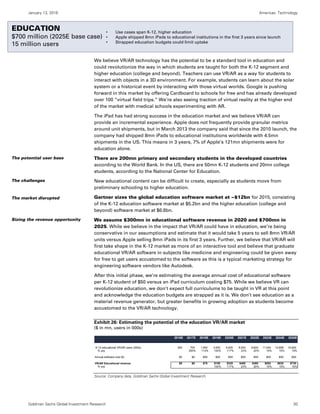 January 13, 2016 Americas: Technology
Goldman Sachs Global Investment Research 30
Education
We believe VR/AR technology has the potential to be a standard tool in education and
could revolutionize the way in which students are taught for both the K-12 segment and
higher education (college and beyond). Teachers can use VR/AR as a way for students to
interact with objects in a 3D environment. For example, students can learn about the solar
system or a historical event by interacting with those virtual worlds. Google is pushing
forward in this market by offering Cardboard to schools for free and has already developed
over 100 “virtual field trips.” We’re also seeing traction of virtual reality at the higher end
of the market with medical schools experimenting with AR.
The iPad has had strong success in the education market and we believe VR/AR can
provide an incremental experience. Apple does not frequently provide granular metrics
around unit shipments, but in March 2013 the company said that since the 2010 launch, the
company had shipped 8mn iPads to educational institutions worldwide with 4.5mn
shipments in the US. This means in 3 years, 7% of Apple’s 121mn shipments were for
education alone.
There are 200mn primary and secondary students in the developed countries
according to the World Bank. In the US, there are 50mn K-12 students and 20mn college
students, according to the National Center for Education.
New educational content can be difficult to create, especially as students move from
preliminary schooling to higher education.
Gartner sizes the global education software market at ~$12bn for 2015, consisting
of the K-12 education software market at $5.2bn and the higher education (college and
beyond) software market at $6.6bn.
We assume $300mn in educational software revenue in 2020 and $700mn in
2025. While we believe in the impact that VR/AR could have in education, we’re being
conservative in our assumptions and estimate that it would take 5 years to sell 8mn VR/AR
units versus Apple selling 8mn iPads in its first 3 years. Further, we believe that VR/AR will
first take shape in the K-12 market as more of an interactive tool and believe that graduate
educational VR/AR software in subjects like medicine and engineering could be given away
for free to get users accustomed to the software as this is a typical marketing strategy for
engineering software vendors like Autodesk.
After this initial phase, we’re estimating the average annual cost of educational software
per K-12 student of $50 versus an iPad curriculum costing $75. While we believe VR can
revolutionize education, we don’t expect full curriculums to be taught in VR at this point
and acknowledge the education budgets are strapped as it is. We don’t see education as a
material revenue generator, but greater benefits in growing adoption as students become
accustomed to the VR/AR technology.
Exhibit 26: Estimating the potential of the education VR/AR market
($ in mn, users in 000s)
Source: Company data, Goldman Sachs Global Investment Research.
2016E 2017E 2018E 2019E 2020E 2021E 2022E 2023E 2024E 2025E
K-12 educational VR/AR users (000s) 200 700 1,500 3,000 6,500 8,000 9,600 11,040 12,696 14,600
% yoy 250% 114% 100% 117% 23% 20% 15% 15% 15%
Annual software cost ($) $0 $0 $50 $50 $50 $50 $50 $50 $50 $50
VR/AR Educational revenue $0 $0 $75 $150 $325 $400 $480 $552 $635 $730
% yoy 100% 117% 23% 20% 15% 15% 15%
The potential user base
The challenges
The market disrupted
Sizing the revenue opportunity
EDUCATION
$700 million (2025E base case)
15 million users
• Use cases span K-12, higher education
• Apple shipped 8mn iPads to educational institutions in the first 3 years since launch
• Strapped education budgets could limit uptake
 