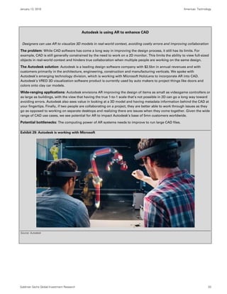 January 13, 2016 Americas: Technology
Goldman Sachs Global Investment Research 33
Autodesk is using AR to enhance CAD
Designers can use AR to visualize 3D models in real-world context, avoiding costly errors and improving collaboration
The problem: While CAD software has come a long way in improving the design process, it still has its limits. For
example, CAD is still generally constrained by the need to work on a 2D monitor. This limits the ability to view full-sized
objects in real-world context and hinders true collaboration when multiple people are working on the same design.
The Autodesk solution: Autodesk is a leading design software company with $2.5bn in annual revenues and with
customers primarily in the architecture, engineering, construction and manufacturing verticals. We spoke with
Autodesk’s emerging technology division, which is working with Microsoft HoloLens to incorporate AR into CAD.
Autodesk’s VRED 3D visualization software product is currently used by auto makers to project things like doors and
colors onto clay car models.
Wide-ranging applications: Autodesk envisions AR improving the design of items as small as videogame controllers or
as large as buildings, with the view that having the true 1-to-1 scale that’s not possible in 2D can go a long way toward
avoiding errors. Autodesk also sees value in looking at a 3D model and having metadata information behind the CAD at
your fingertips. Finally, if two people are collaborating on a project, they are better able to work through issues as they
go as opposed to working on separate desktops and realizing there are issues when they come together. Given the wide
range of CAD use cases, we see potential for AR to impact Autodesk’s base of 5mn customers worldwide.
Potential bottlenecks: The computing power of AR systems needs to improve to run large CAD files.
Exhibit 29: Autodesk is working with Microsoft
Source: Autodesk
 