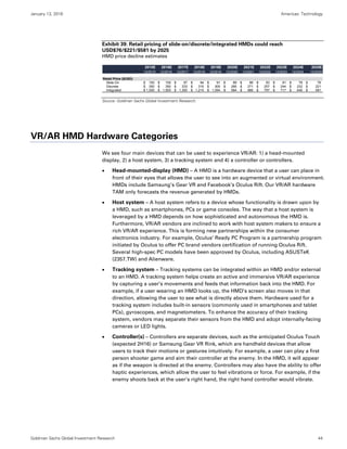 January 13, 2016 Americas: Technology
Goldman Sachs Global Investment Research 44
Exhibit 39: Retail pricing of slide-on/discrete/integrated HMDs could reach
USD$76/$221/$581 by 2025
HMD price decline estimates
Source: Goldman Sachs Global Investment Research.
VR/AR HMD Hardware Categories
We see four main devices that can be used to experience VR/AR: 1) a head-mounted
display, 2) a host system, 3) a tracking system and 4) a controller or controllers.
 Head-mounted-display (HMD) – A HMD is a hardware device that a user can place in
front of their eyes that allows the user to see into an augmented or virtual environment.
HMDs include Samsung’s Gear VR and Facebook’s Oculus Rift. Our VR/AR hardware
TAM only forecasts the revenue generated by HMDs.
 Host system – A host system refers to a device whose functionality is drawn upon by
a HMD, such as smartphones, PCs or game consoles. The way that a host system is
leveraged by a HMD depends on how sophisticated and autonomous the HMD is.
Furthermore, VR/AR vendors are inclined to work with host system makers to ensure a
rich VR/AR experience. This is forming new partnerships within the consumer
electronics industry. For example, Oculus’ Ready PC Program is a partnership program
initiated by Oculus to offer PC brand vendors certification of running Oculus Rift.
Several high-spec PC models have been approved by Oculus, including ASUSTeK
(2357.TW) and Alienware.
 Tracking system – Tracking systems can be integrated within an HMD and/or external
to an HMD. A tracking system helps create an active and immersive VR/AR experience
by capturing a user’s movements and feeds that information back into the HMD. For
example, if a user wearing an HMD looks up, the HMD’s screen also moves in that
direction, allowing the user to see what is directly above them. Hardware used for a
tracking system includes built-in sensors (commonly used in smartphones and tablet
PCs), gyroscopes, and magnetometers. To enhance the accuracy of their tracking
system, vendors may separate their sensors from the HMD and adopt internally-facing
cameras or LED lights.
 Controller(s) – Controllers are separate devices, such as the anticipated Oculus Touch
(expected 2H16) or Samsung Gear VR Rink, which are handheld devices that allow
users to track their motions or gestures intuitively. For example, a user can play a first
person shooter game and aim their controller at the enemy. In the HMD, it will appear
as if the weapon is directed at the enemy. Controllers may also have the ability to offer
haptic experiences, which allow the user to feel vibrations or force. For example, if the
enemy shoots back at the user’s right hand, the right hand controller would vibrate.
2015E 2016E 2017E 2018E 2019E 2020E 2021E 2022E 2023E 2024E 2025E
12/2015 12/2016 12/2017 12/2018 12/2019 12/2020 12/2021 12/2022 12/2023 12/2024 12/2025
Retail Price ($USD)
Slide-On 100$ 100$ 97$ 94$ 91$ 89$ 86$ 83$ 81$ 78$ 76$
Discrete 350$ 350$ 333$ 316$ 300$ 285$ 271$ 257$ 244$ 232$ 221$
Integrated 1,500$ 1,500$ 1,350$ 1,215$ 1,094$ 984$ 886$ 797$ 717$ 646$ 581$
 