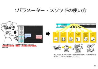 1パラメーター・メソッドの使い⽅
選んだ⾏に書かれた番号（発明原理の番号）の筆頭部分を
使って、アイデアを発想していく。
10
 