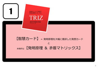 TRIZ創造的問題解決理論
トゥリーズ
技術的アイデア発想や
新製品構想に効く⼿法
【智慧カード】＝ 発明原理を⼤幅に意訳した発想カード
と
本格的な【発明原理 ＆ ⽭盾マトリックス】
1
5
 
