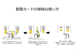 智慧カードの単純な使い⽅
アイデアが思い付かないモノは×へ
思い付くものは〇へ、選り分ける
拾い上げたカード群を
発想のヒントにしてアイデアを出す
（特に、中間から、意外な案が）
何か気になるが、はっきりとした
アイデアは思い浮かばないものは
「中間」へ
8
 