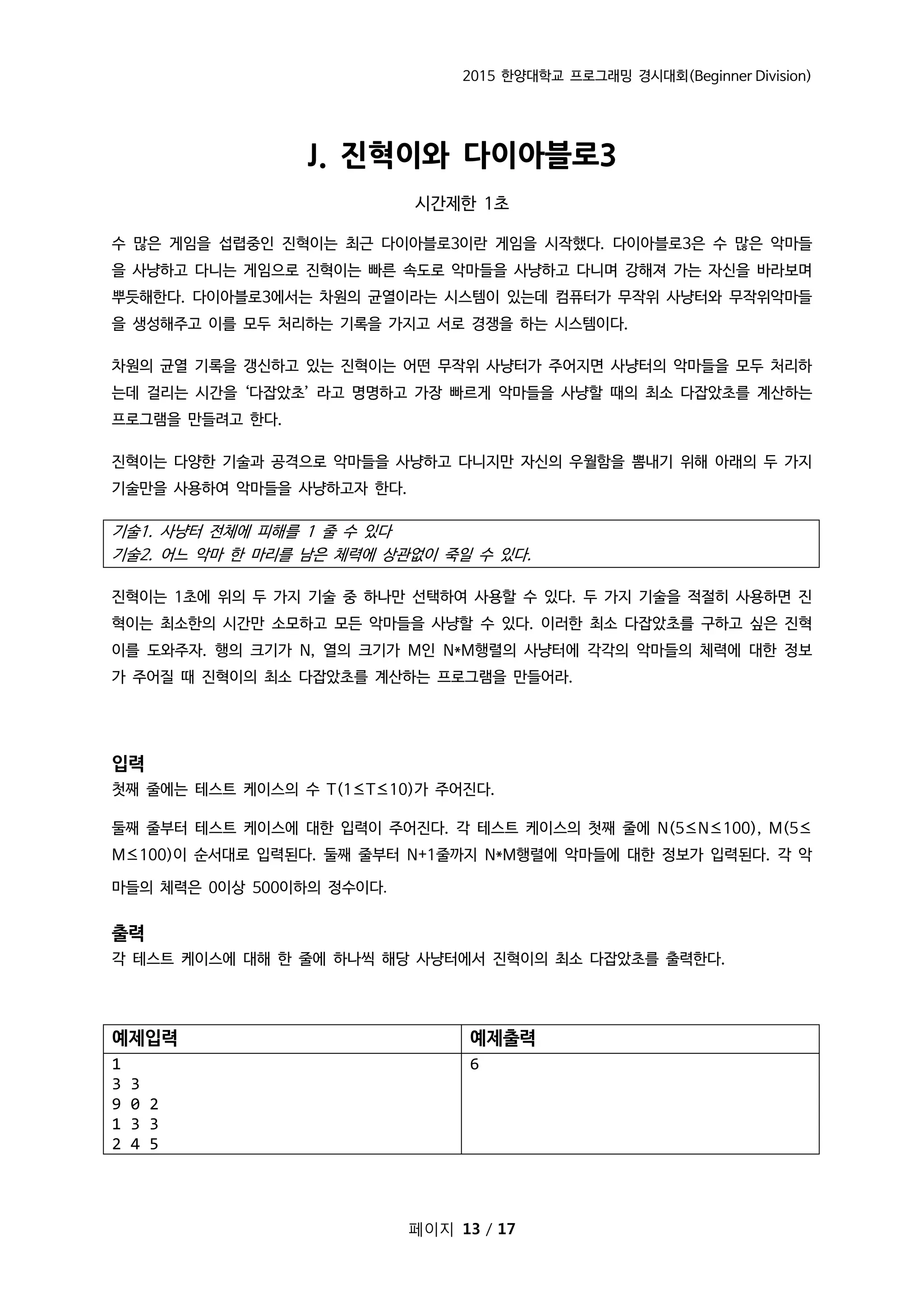 2015 한양대학교 프로그래밍 경시대회(Beginner Division)
페이지 13 / 17
J. 진혁이와 다이아블로3
시간제한 1초
수 많은 게임을 섭렵중인 진혁이는 최근 다이아블로3이란 게임을 시작했다. 다이아블로3은 수 많은 악마들
을 사냥하고 다니는 게임으로 진혁이는 빠른 속도로 악마들을 사냥하고 다니며 강해져 가는 자신을 바라보며
뿌듯해한다. 다이아블로3에서는 차원의 균열이라는 시스템이 있는데 컴퓨터가 무작위 사냥터와 무작위악마들
을 생성해주고 이를 모두 처리하는 기록을 가지고 서로 경쟁을 하는 시스템이다.
차원의 균열 기록을 갱신하고 있는 진혁이는 어떤 무작위 사냥터가 주어지면 사냥터의 악마들을 모두 처리하
는데 걸리는 시간을 ‘다잡았초’ 라고 명명하고 가장 빠르게 악마들을 사냥할 때의 최소 다잡았초를 계산하는
프로그램을 만들려고 한다.
진혁이는 다양한 기술과 공격으로 악마들을 사냥하고 다니지만 자신의 우월함을 뽐내기 위해 아래의 두 가지
기술만을 사용하여 악마들을 사냥하고자 한다.
기술1. 사냥터 전체에 피해를 1 줄 수 있다
기술2. 어느 악마 한 마리를 남은 체력에 상관없이 죽일 수 있다.
진혁이는 1초에 위의 두 가지 기술 중 하나만 선택하여 사용할 수 있다. 두 가지 기술을 적절히 사용하면 진
혁이는 최소한의 시간만 소모하고 모든 악마들을 사냥할 수 있다. 이러한 최소 다잡았초를 구하고 싶은 진혁
이를 도와주자. 행의 크기가 N, 열의 크기가 M인 N*M행렬의 사냥터에 각각의 악마들의 체력에 대한 정보
가 주어질 때 진혁이의 최소 다잡았초를 계산하는 프로그램을 만들어라.
입력
첫째 줄에는 테스트 케이스의 수 T(1≤T≤10)가 주어진다.
둘째 줄부터 테스트 케이스에 대한 입력이 주어진다. 각 테스트 케이스의 첫째 줄에 N(5≤N≤100), M(5≤
M≤100)이 순서대로 입력된다. 둘째 줄부터 N+1줄까지 N*M행렬에 악마들에 대한 정보가 입력된다. 각 악
마들의 체력은 0이상 500이하의 정수이다.
출력
각 테스트 케이스에 대해 한 줄에 하나씩 해당 사냥터에서 진혁이의 최소 다잡았초를 출력한다.
예제입력 예제출력
1
3 3
9 0 2
1 3 3
2 4 5
6
 