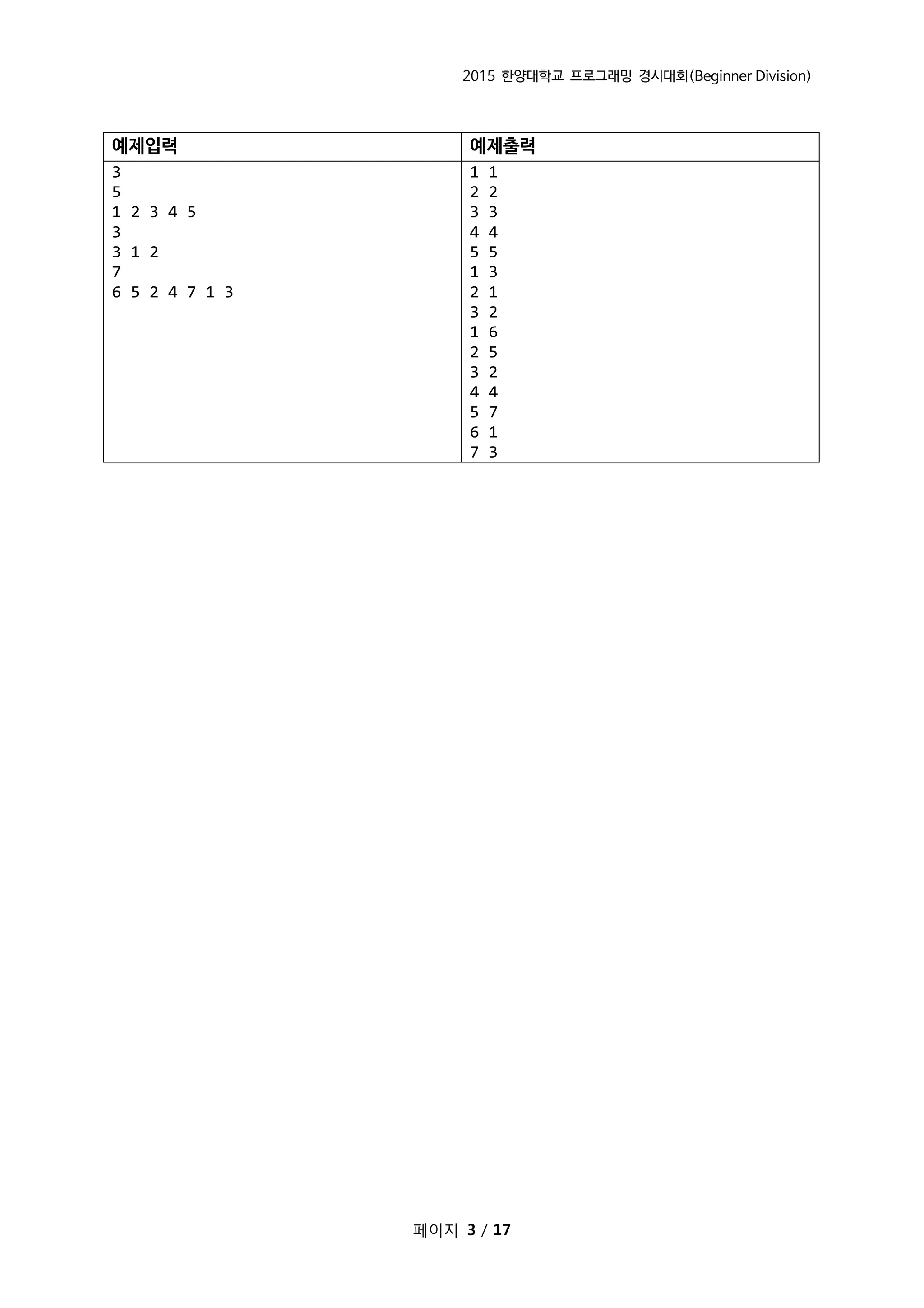 2015 한양대학교 프로그래밍 경시대회(Beginner Division)
페이지 3 / 17
예제입력 예제출력
3
5
1 2 3 4 5
3
3 1 2
7
6 5 2 4 7 1 3
1 1
2 2
3 3
4 4
5 5
1 3
2 1
3 2
1 6
2 5
3 2
4 4
5 7
6 1
7 3
 