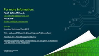 For more information:
Kaveh Safavi, M.D., J.D.
kaveh.t.safavi@accenture.com
Rick Ratliff
richard.ratliff@accenture.com
Sources:
Accenture Technology Vision 2015
2015 Healthcare IT Check-Up Shows Progress (And Some Pain)
Accenture 2014 Patient Engagement Survey
Patient Engagement: Digital Self-Scheduling Set to Explode in Healthcare
Over the Next 5 years—Infographic
Copyright © 2015 Accenture
All rights reserved.
 