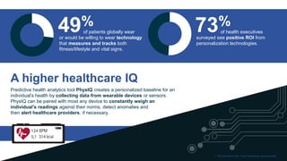 of patients globally wear
or would be willing to wear technology
that measures and tracks both
fitness/lifestyle and vital signs.
49%
of health executives
surveyed see positive ROI from
personalization technologies.
73%
Predictive health analytics tool PhysIQ creates a personalized baseline for an
individual’s health by collecting data from wearable devices or sensors.
PhysIQ can be paired with most any device to constantly weigh an
individual’s readings against their norms, detect anomalies and
then alert healthcare providers, if necessary.
A higher healthcare IQ
1.The Internet of Me: Your healthcare, personalizedCopyright © 2015 Accenture All rights reserved.
 
