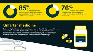 of doctors say their
patients’ use of wearable health
devices helps patient engagement
with their own health.
85%
patients say the use
of technology to manage their
health has the potential to improve
their health.
76%
2.Outcome Economy: Hardware producing healthy results
Proteus Digital Health integrates a tiny sensor in the pills it produces. The sensor
works with a wearable device and mobile app to provide full “adherence
transparency” for patients, healthcare providers and payers. The outcomes?
Greater adherence, more effective treatments and cost savings.
Smarter medicine
Copyright © 2015 Accenture All rights reserved.
 