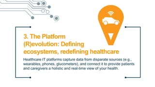 3. The Platform
(R)evolution: Defining
ecosystems, redefining healthcare
Healthcare IT platforms capture data from disparate sources (e.g.,
wearables, phones, glucometers), and connect it to provide patients
and caregivers a holistic and real-time view of your health.
Copyright © 2015 Accenture All rights reserved.
 
