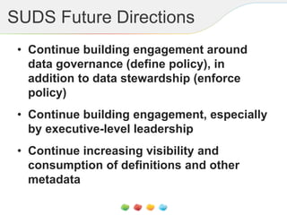 SUDS Future Directions
• Continue building engagement around
data governance (define policy), in
addition to data stewardship (enforce
policy)
• Continue building engagement, especially
by executive-level leadership
• Continue increasing visibility and
consumption of definitions and other
metadata
 