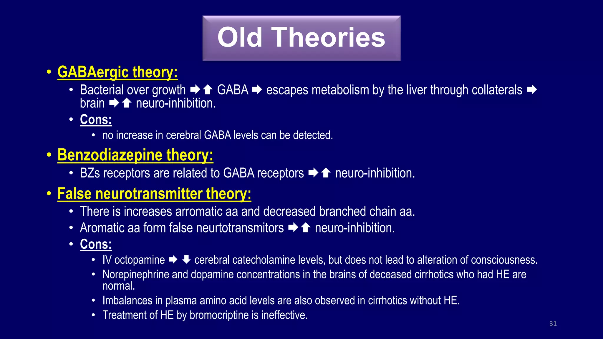 Old Theories
• GABAergic theory:
• Bacterial over growth  GABA  escapes metabolism by the liver through collaterals 
brain  neuro-inhibition.
• Cons:
• no increase in cerebral GABA levels can be detected.
• Benzodiazepine theory:
• BZs receptors are related to GABA receptors  neuro-inhibition.
• False neurotransmitter theory:
• There is increases arromatic aa and decreased branched chain aa.
• Aromatic aa form false neurtotransmitors  neuro-inhibition.
• Cons:
• IV octopamine   cerebral catecholamine levels, but does not lead to alteration of consciousness.
• Norepinephrine and dopamine concentrations in the brains of deceased cirrhotics who had HE are
normal.
• Imbalances in plasma amino acid levels are also observed in cirrhotics without HE.
• Treatment of HE by bromocriptine is ineffective.
31
 