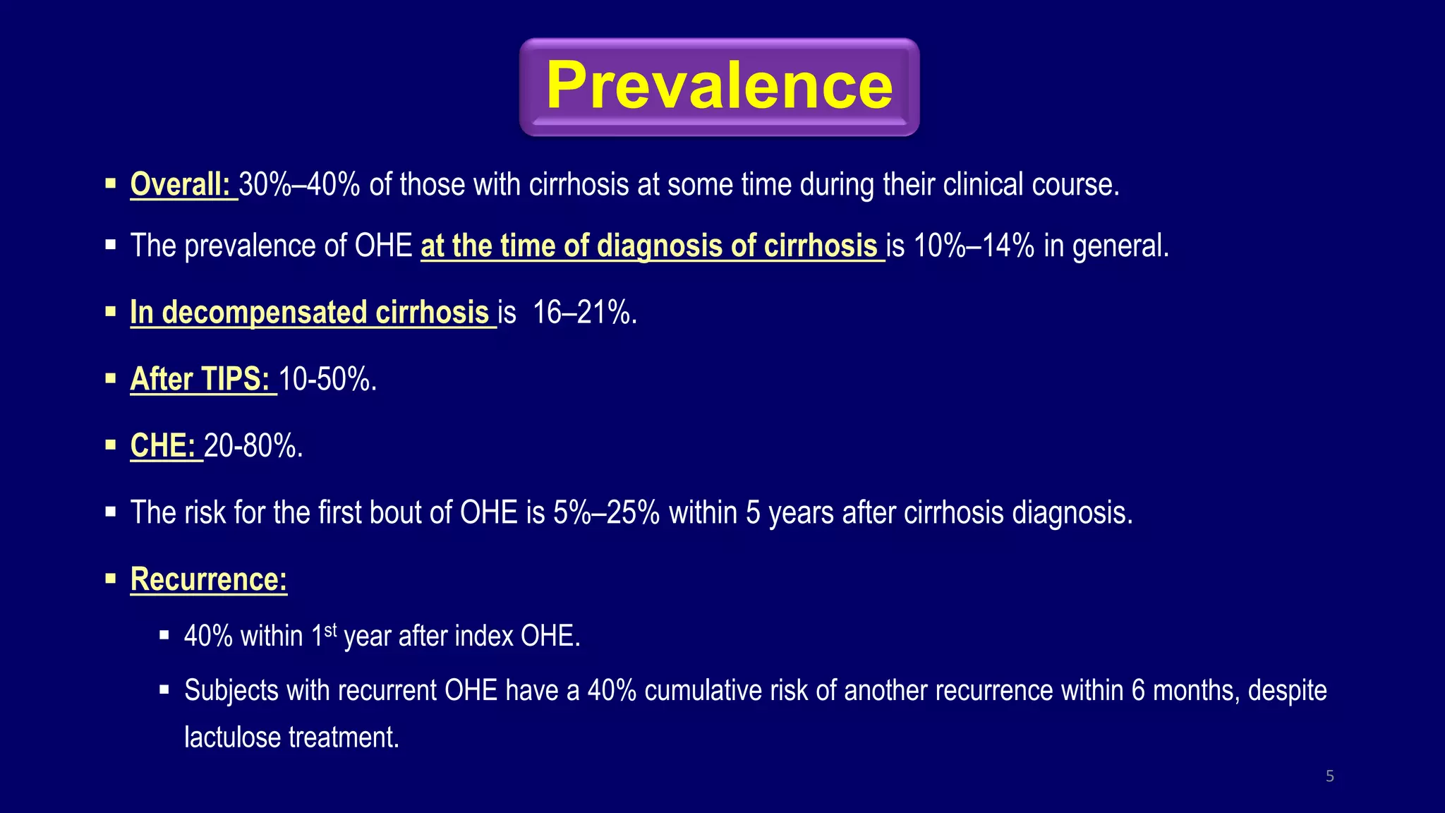 Prevalence
 Overall: 30%–40% of those with cirrhosis at some time during their clinical course.
 The prevalence of OHE at the time of diagnosis of cirrhosis is 10%–14% in general.
 In decompensated cirrhosis is 16–21%.
 After TIPS: 10-50%.
 CHE: 20-80%.
 The risk for the first bout of OHE is 5%–25% within 5 years after cirrhosis diagnosis.
 Recurrence:
 40% within 1st year after index OHE.
 Subjects with recurrent OHE have a 40% cumulative risk of another recurrence within 6 months, despite
lactulose treatment.
5
 