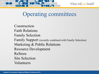Habitat for Humanity’s National Affiliate Conference 2011
Operating committees
Construction
Faith Relations
Family Selection
Family Support (recently combined with Family Selection)
Marketing & Public Relations
Resource Development
ReStore
Site Selection
Volunteers
 