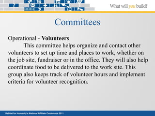Habitat for Humanity’s National Affiliate Conference 2011
Committees
Operational - Volunteers
This committee helps organize and contact other
volunteers to set up time and places to work, whether on
the job site, fundraiser or in the office. They will also help
coordinate food to be delivered to the work site. This
group also keeps track of volunteer hours and implement
criteria for volunteer recognition.
 