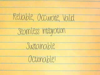 Reliable, Accurate, Valid
Actionable!
Seamless integration
Sustainable
 