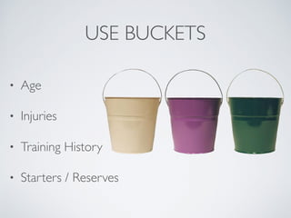 USE BUCKETS
• Age
• Injuries
• Training History
• Starters / Reserves
 