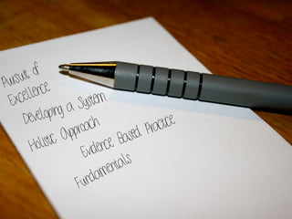 Pursuit of
Excellence
Developing a System
Holistic Approach
Evidence Based Practice
Fundamentals
 