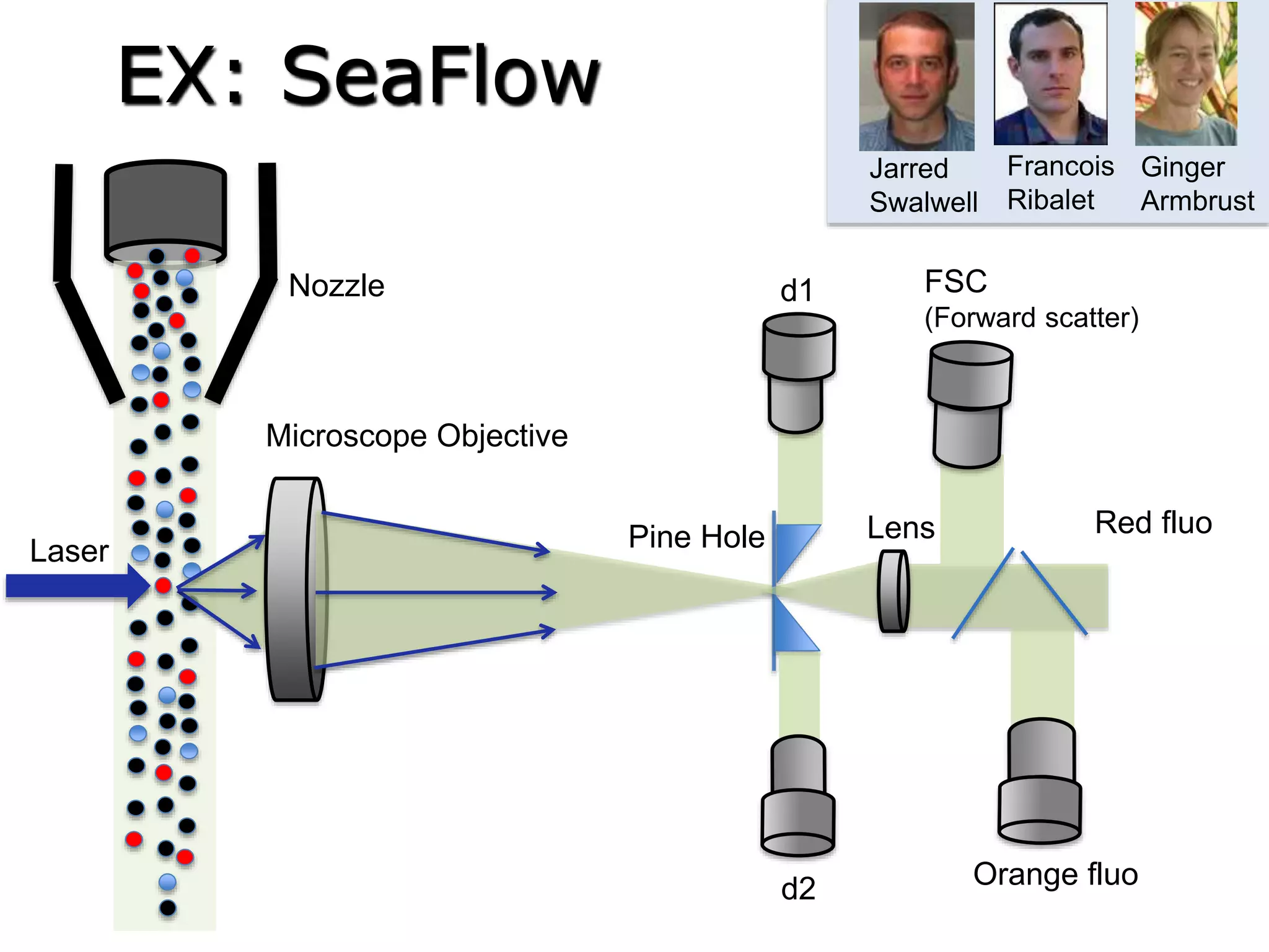 Laser
Microscope Objective
Pine Hole Lens
Nozzle d1
d2
FSC
(Forward scatter)
Orange fluo
Red fluo
EX: SeaFlow
Francois
Ribalet
Jarred
Swalwell
Ginger
Armbrust
 