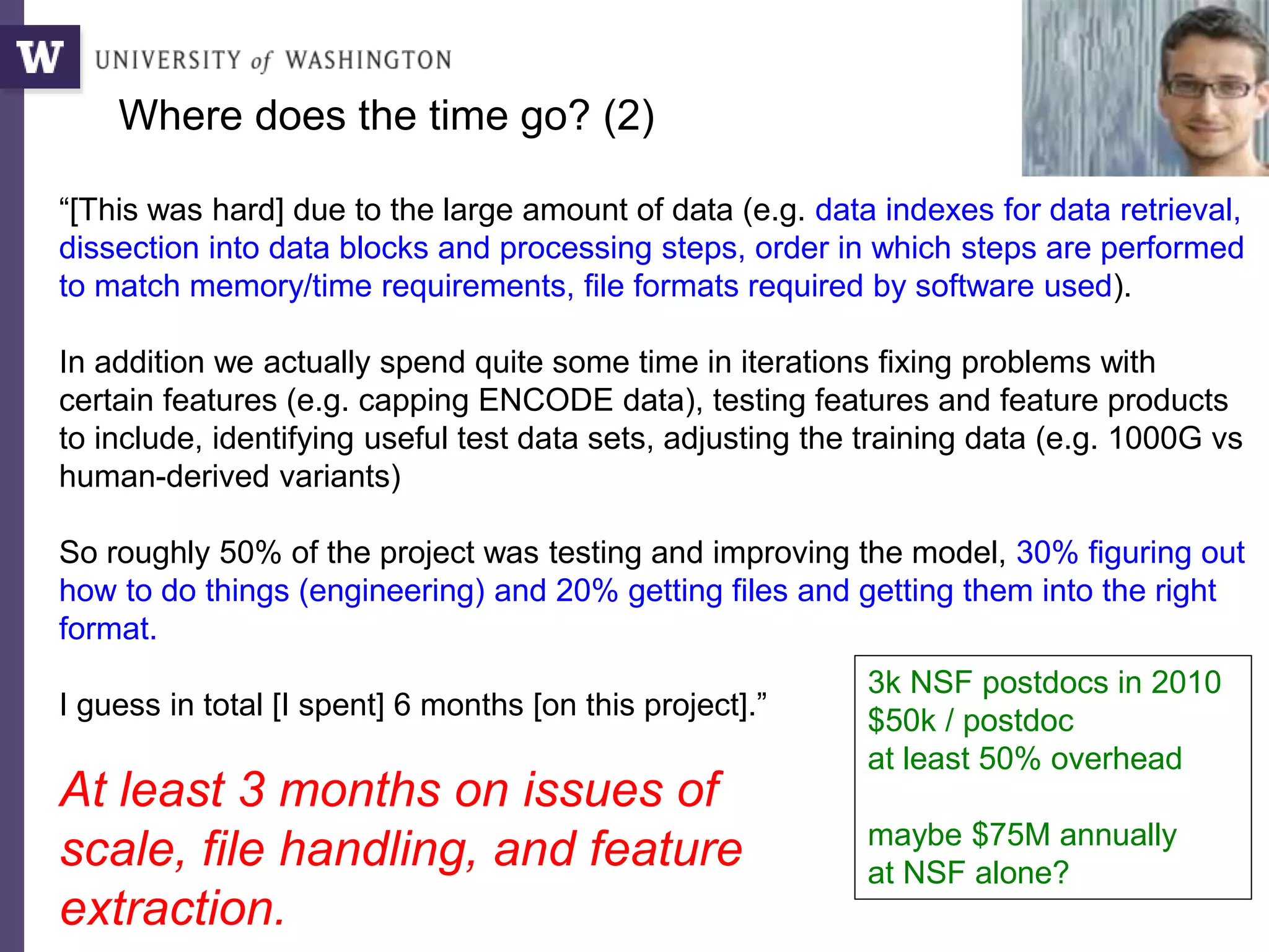 “[This was hard] due to the large amount of data (e.g. data indexes for data retrieval,
dissection into data blocks and processing steps, order in which steps are performed
to match memory/time requirements, file formats required by software used).
In addition we actually spend quite some time in iterations fixing problems with
certain features (e.g. capping ENCODE data), testing features and feature products
to include, identifying useful test data sets, adjusting the training data (e.g. 1000G vs
human-derived variants)
So roughly 50% of the project was testing and improving the model, 30% figuring out
how to do things (engineering) and 20% getting files and getting them into the right
format.
I guess in total [I spent] 6 months [on this project].”
At least 3 months on issues of
scale, file handling, and feature
extraction.
Martin Kircher,
Genome SciencesWhy?
3k NSF postdocs in 2010
$50k / postdoc
at least 50% overhead
maybe $75M annually
at NSF alone?
Where does the time go? (2)
 