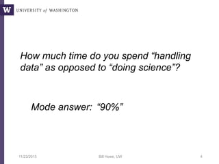 How much time do you spend “handling
data” as opposed to “doing science”?
Mode answer: “90%”
11/23/2015 Bill Howe, UW 4
 