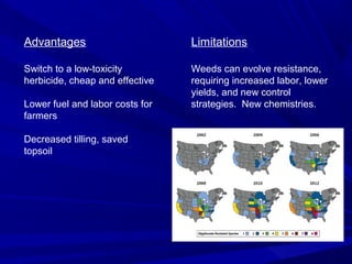 Advantages
Switch to a low-toxicity
herbicide, cheap and effective
Lower fuel and labor costs for
farmers
Decreased tilling, saved
topsoil
Limitations
Weeds can evolve resistance,
requiring increased labor, lower
yields, and new control
strategies. New chemistries.
 