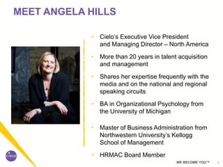 1WE BECOME YOU™
MEET ANGELA HILLS
• Cielo’s Executive Vice President
and Managing Director – North America
• More than 20 years in talent acquisition
and management
• Shares her expertise frequently with the
media and on the national and regional
speaking circuits
• BA in Organizational Psychology from
the University of Michigan
• Master of Business Administration from
Northwestern University’s Kellogg
School of Management
• HRMAC Board Member
 