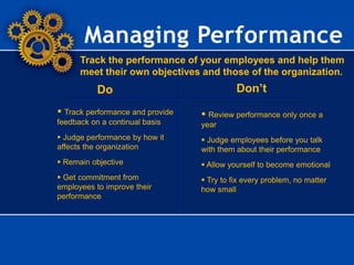 Don’tDo
Managing Performance
Track the performance of your employees and help them
meet their own objectives and those of the organization.
 Track performance and provide
feedback on a continual basis
 Judge performance by how it
affects the organization
 Remain objective
 Get commitment from
employees to improve their
performance
 Review performance only once a
year
 Judge employees before you talk
with them about their performance
 Allow yourself to become emotional
 Try to fix every problem, no matter
how small
 