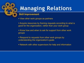 Managing Relations
Skill Improvement
 View other work groups as partners
 Acquire resources by framing requests according to what is
good for the organization, rather than your work group
 Know how and when to ask for support from other work
groups
 Respond to requests from other work groups by
understanding the organization’s goals
 Network with other supervisors for help and information
 