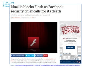 <Source: http://www.theverge.com/2015/7/14/8957177/mozilla-blocks-flash-as-facebook-security-chief-calls-for-its-death >
July 2015
 