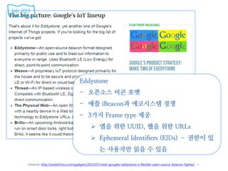 <Source: http://arstechnica.com/gadgets/2015/07/meet-googles-eddystone-a-flexible-open-source-ibeacon-fighter/ >
Eddystone
- 오픈소스 비콘 포맷
- 애플 iBeacon과 에코시스템 경쟁
- 3가지 Frame type 제공
 앱을 위한 UUID, 웹을 위한 URLs
 Ephemeral Identifiers (EIDs) – 권한이 있
는 사용자만 읽을 수 있음
July 2015
 