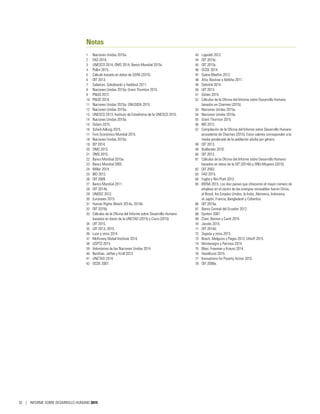 Notas
1	 Naciones Unidas 2015a.
2	 FAO 2014.
3	 UNESCO 2014; OMS 2014; Banco Mundial 2015c.
4	 Pollin 2015.
5	 Cálculo basado en datos de GERA (2015).
6	 OIT 2013.
7	 Salamon, Sokolowski y Haddock 2011.
8	 Naciones Unidas 2015a; Grant Thornton 2015.
9	 PNUD 2012.
10	 PNUD 2014.
11	 Naciones Unidas 2015a; ONUSIDA 2015.
12	 Naciones Unidas 2015a.
13	 UNESCO 2013; Instituto de Estadística de la UNESCO 2015.
14	 Naciones Unidas 2015a.
15	 Oxfam 2015.
16	 Scheil-Adlung 2015.
17	 Foro Económico Mundial 2015.
18	 Naciones Unidas 2015a.
19	 IEP 2014.
20	 OMS 2013.
21	 OMS 2015.
22	 Banco Mundial 2015a.
23	 Banco Mundial 2002.
24	 Miller 2014.
25	 BID 2012.
26	 OIT 2009.
27	 Banco Mundial 2011.
28	 OIT 2014b.
29	 UNODC 2012.
30	 Euronews 2015.
31	 Human Rights Watch 2014a, 2014b.
32	 OIT 2015b.
33	 Cálculos de la Oficina del Informe sobre Desarrollo Humano
basados en datos de la UNCTAD (2015) y Cisco (2015).
34	 UIT 2015.
35	 UIT 2013, 2015.
36	 Luce y otros 2014.
37	 McKinsey Global Institute 2014.
38	 USPTO 2015.
39	 Voluntarios de las Naciones Unidas 2014.
40	 Bardhan, Jaffee y Kroll 2013.
41	 UNCTAD 2014.
42	 OCDE 2007.
43	 Lippoldt 2012.
44	 OIT 2015c.
45	 OIT 2015c.
46	 OCDE 2014.
47	 Gabre-Madhin 2012.
48	 Atta, Boutraa y Akhkha 2011.
49	 Deloitte 2014.
50	 UIT 2013.
51	 Oxfam 2015.
52	 Cálculos de la Oficina del Informe sobre Desarrollo Humano
basados en Charmes (2015).
53	 Naciones Unidas 2015a.
54	 Naciones Unidas 2015a.
55	 Grant Thornton 2015.
56	 BID 2012.
57	 Compilación de la Oficina del Informe sobre Desarrollo Humano
procedente de Charmes (2015). Estos valores corresponden a la
media ponderada de la población adulta por género.
58	 OIT 2013.
59	 Budlender 2010.
60	 OIT 2012.
61	 Cálculos de la Oficina del Informe sobre Desarrollo Humano
basados en datos de la OIT (2014b) y ONU-Mujeres (2015).
62	 OIT 2003.
63	 FAO 2015.
64	 Fuglie y Nin-Pratt 2012.
65	 IRENA 2015. Los diez países que ofrecieron el mayor número de
empleos en el sector de las energías renovables fueron China,
el Brasil, los Estados Unidos, la India, Alemania, Indonesia,
el Japón, Francia, Bangladesh y Colombia.
66	 OIT 2015a.
67	 Banco Central del Ecuador 2012.
68	 Epstein 2007.
69	 Chen, Bonner y Carré 2015.
70	 Jacobs 2015.
71	 OIT 2014d.
72	 Zepeda y otros 2013.
73	 Bosch, Melguizo y Pages 2013; Uthoff 2015.
74	 Montenegro y Patrinos 2014.
75	 Blasi, Freeman y Krauss 2014.
76	 Hazelhurst 2015.
77	 Innovations for Poverty Action 2015.
78	 OIT 2008a.
32 | INFORME SOBRE DESARROLLO HUMANO 2015
 