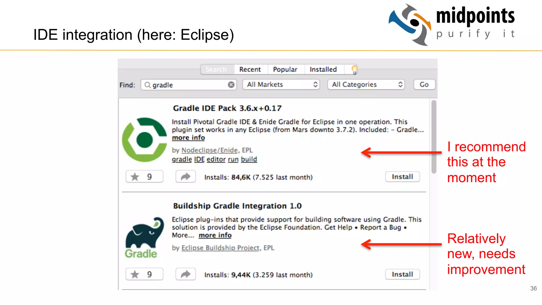 36
IDE integration (here: Eclipse)
I recommend
this at the
moment
Relatively
new, needs
improvement
 