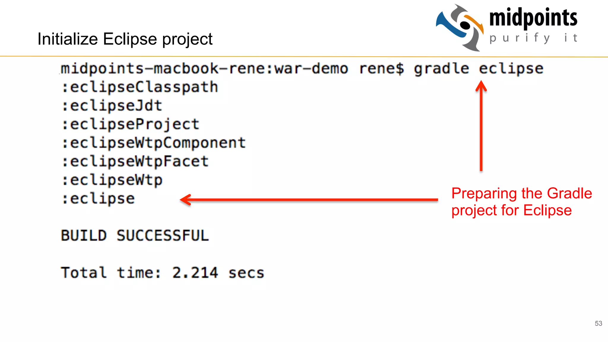 53
Initialize Eclipse project
Preparing the Gradle
project for Eclipse
 