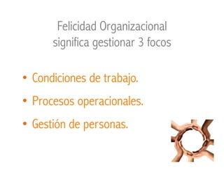 Felicidad Organizacional
significa gestionar 3 focos
•  Condiciones de trabajo.
•  Procesos operacionales.
•  Gestión de personas.
 